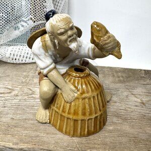 Vintage Asian Ceramic Fisherman Figurine 4" Tall Hand-Painted Detailed Design Ho